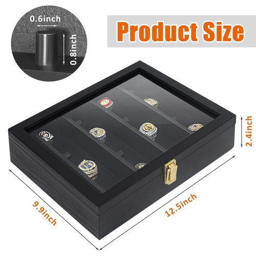 Championship Ring Display Case, 16 Posts Ring Display Case, 10 x 12 Wall Mount Shadow Box, Baseball Ring Holder, Black