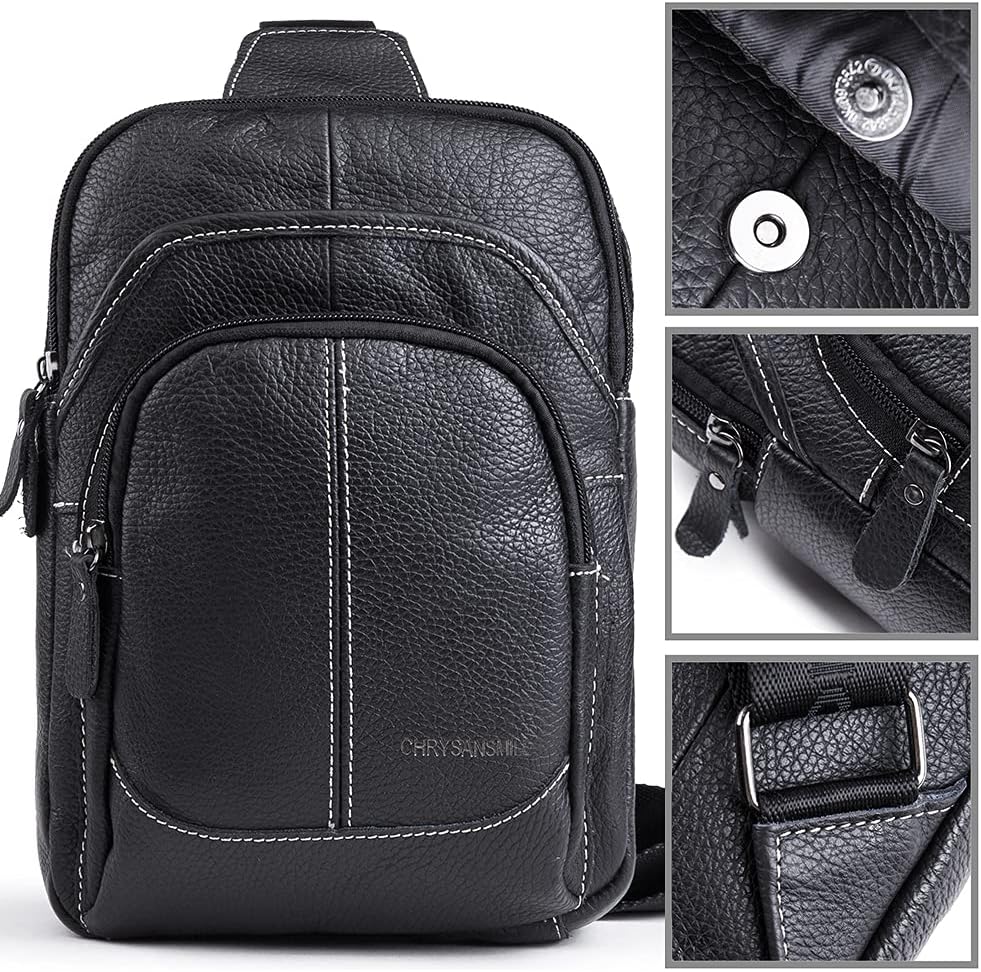 Chrysansmile Sling Bag for Men Black Crossbody Bags for Women Genuine Leather Cross Body Bag Mini Backpack for Travel Outdoor