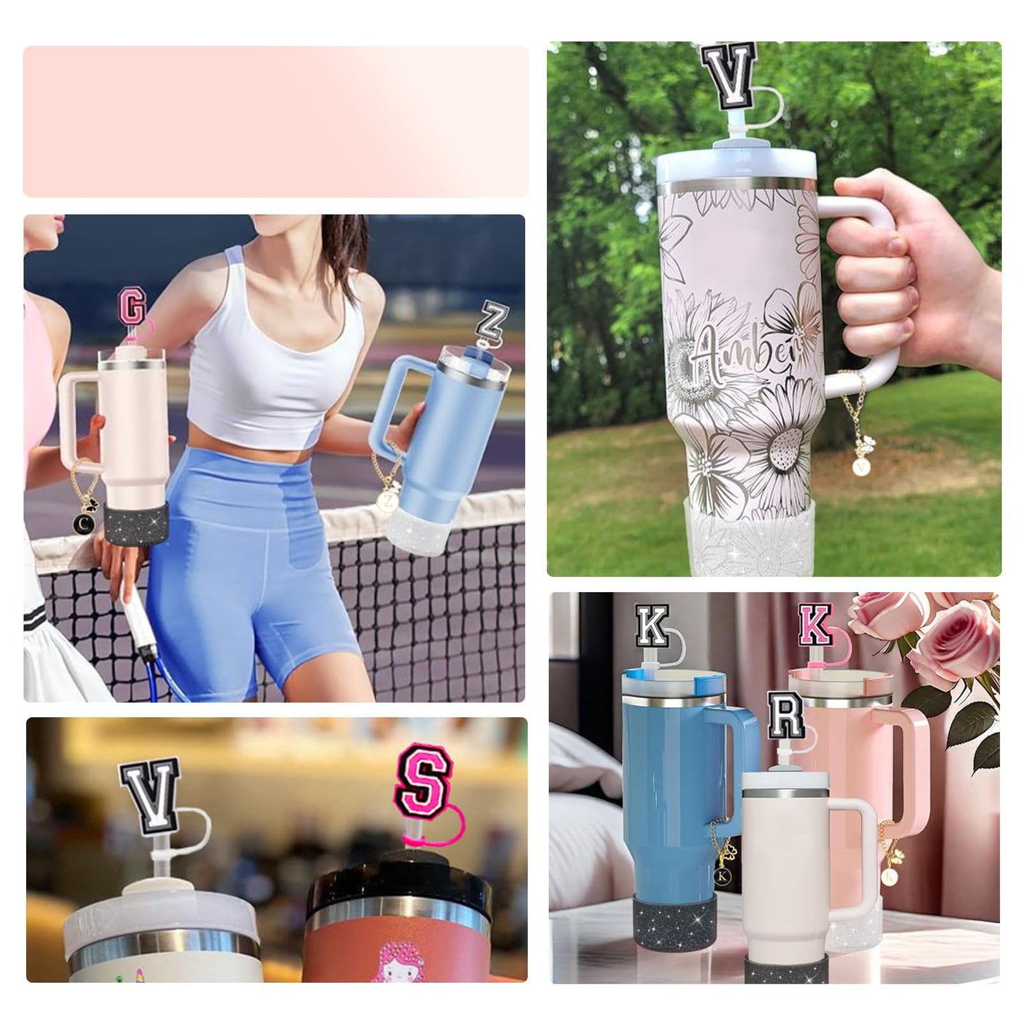 AUREHEN Letter Charm Accessories & Initial Straw Cover Cap & Protective Glitter Silicone Boot for Tumbler 20-40oz & Water Bottle 12-24oz and More Bottles Tumblers
