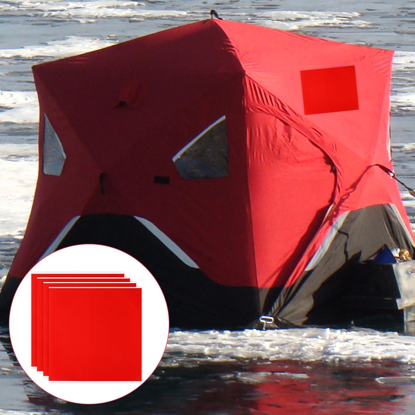 4pcs Tent Patch Kit, 11.81x11.81in Ice Shelter Patch Kit Red Ice Tent Fixer Tear Resistant Ice Fishing Canopy Patch Self Adhesive Ice Fish Shelter Tape Tent Repair Fabric for Ice Tent Umbrella