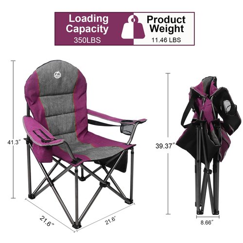 Northroad Oversized Portable Camping Chair, Full Padded Outdoor Folding Chair Support 350 LBS, Heavy Duty Lawn Chair with Cup Holder, Cooler Bag, Lumbar Support, Head Pocket for Adult (Purple)