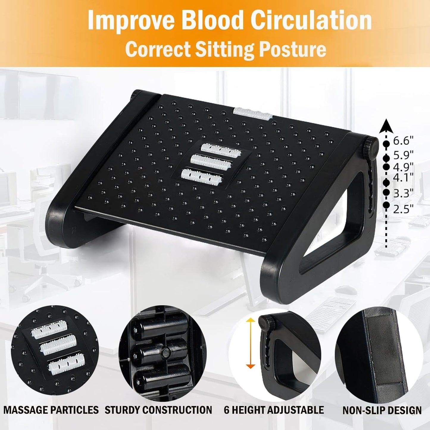 Foot Rest for Under Desk at Work, Ergonomic 6 Heights Adjustable Footrest with Massage Roller, Portable Under Desk Foot Stool for Home,Office, Black