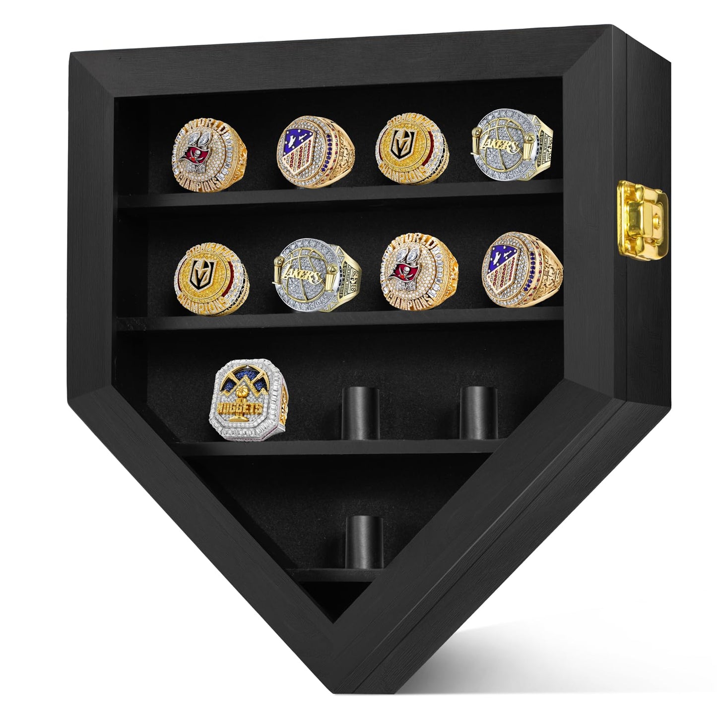 Championship Ring Display Case 12 Ring Posts, Sports Ring Wooden Shadow Box with HD Grass Door 98% UV Protection, Wall Mount Rings Holder for Baseball Basketball Award Rings Champion Souvenirs