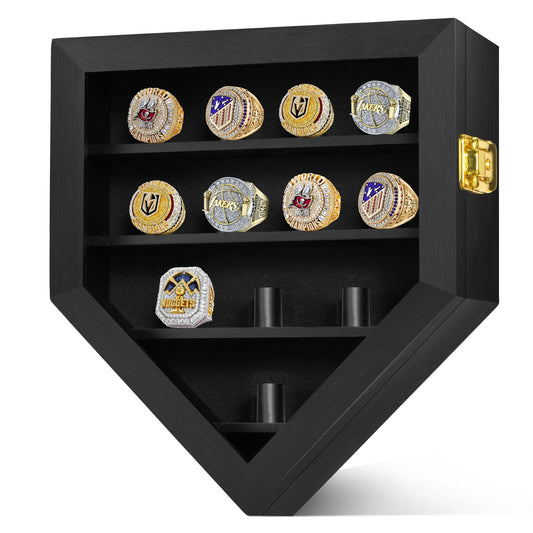Championship Ring Display Case 12 Ring Posts, Sports Ring Wooden Shadow Box with HD Grass Door 98% UV Protection, Wall Mount Rings Holder for Baseball Basketball Award Rings Champion Souvenirs