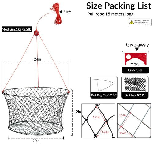 QualyQualy 2Pcs Collapsible Crab Net Kit with Crab Gauge & Bait Clip - Saltwater/Freshwater Crabbing Trap for Crabs - Galvanized Steel Ring, Portable Design for Pier, Dock, Family Crabbing 24"x20"x12"