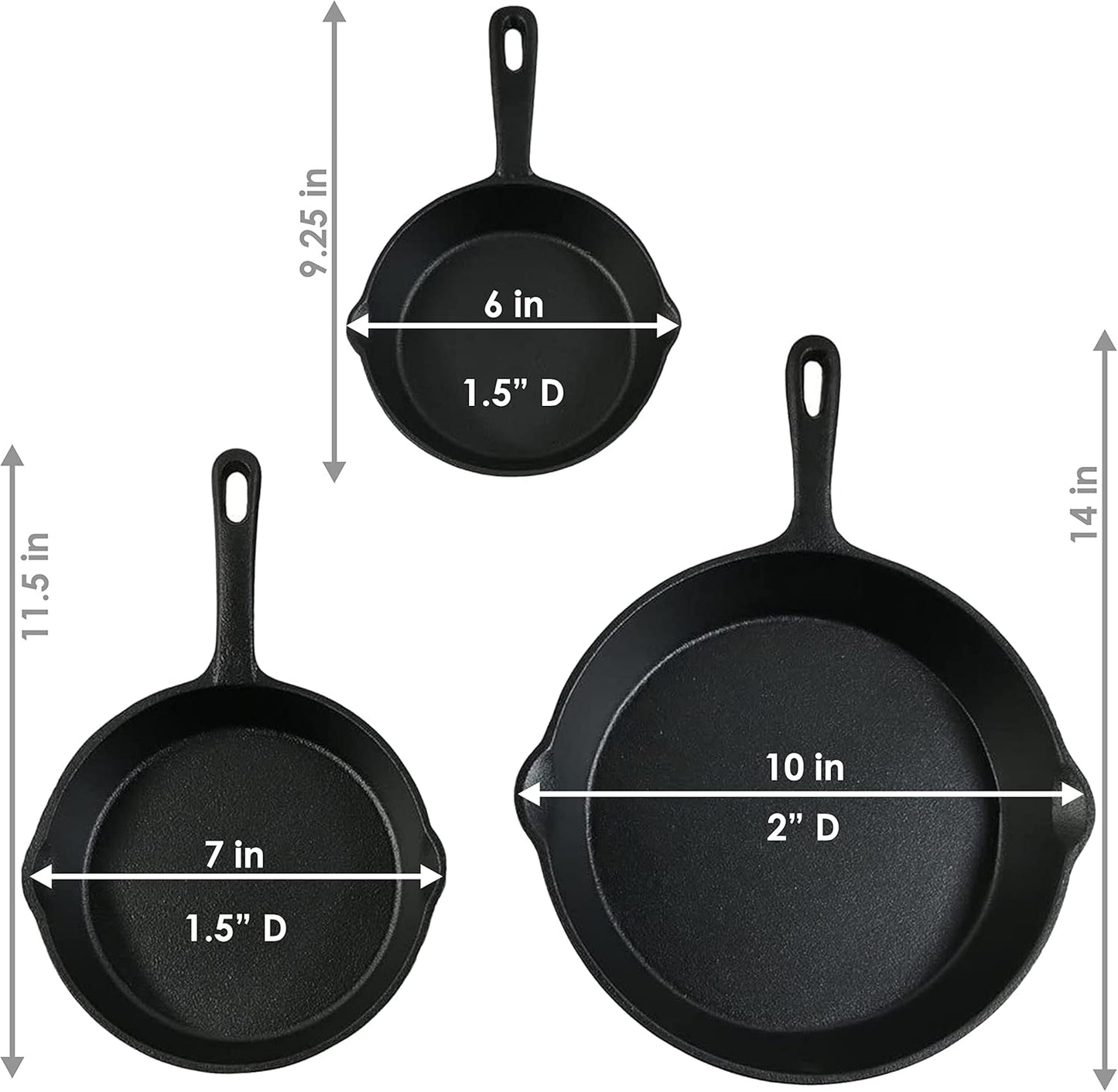 Sunnydaze 3-Piece Pre-Seasoned Heavy-Duty Cast Iron Skillet Set - 6-Inch, 7-Inch, and 10-Inch Black Metal Frying Pans