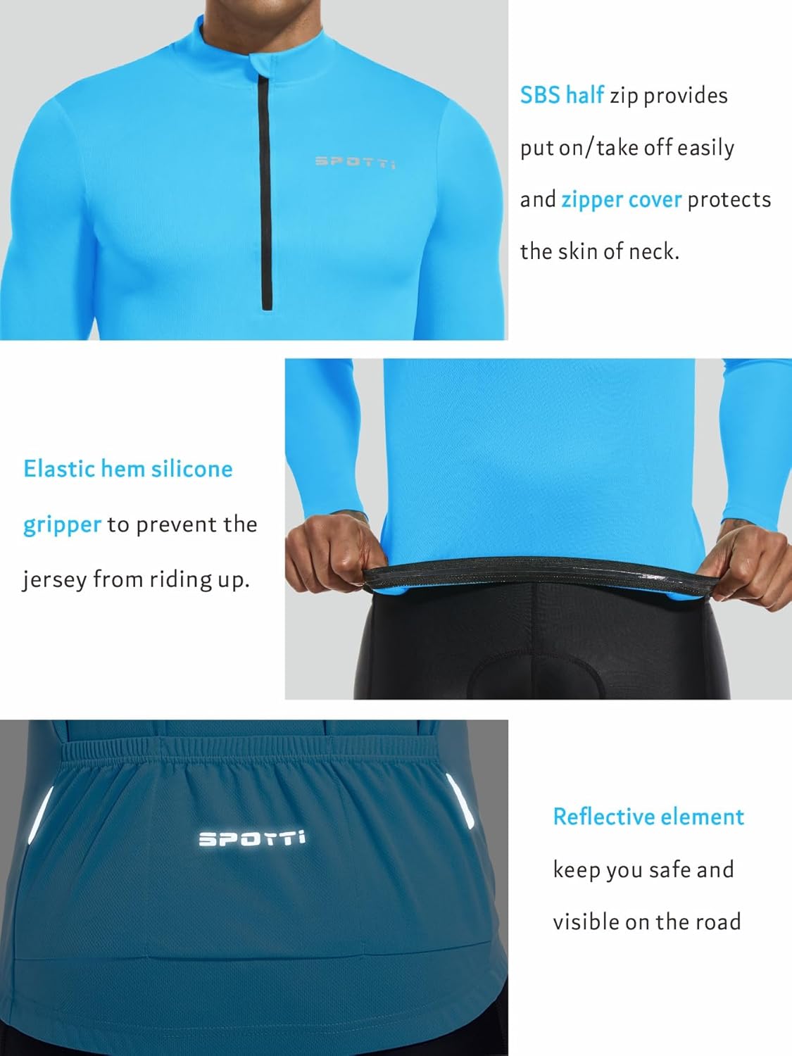 Spotti Men's Cycling Bike Jersey Long Sleeve with 3 Rear Pockets - Moisture Wicking, Breathable, Quick Dry Biking Shirt