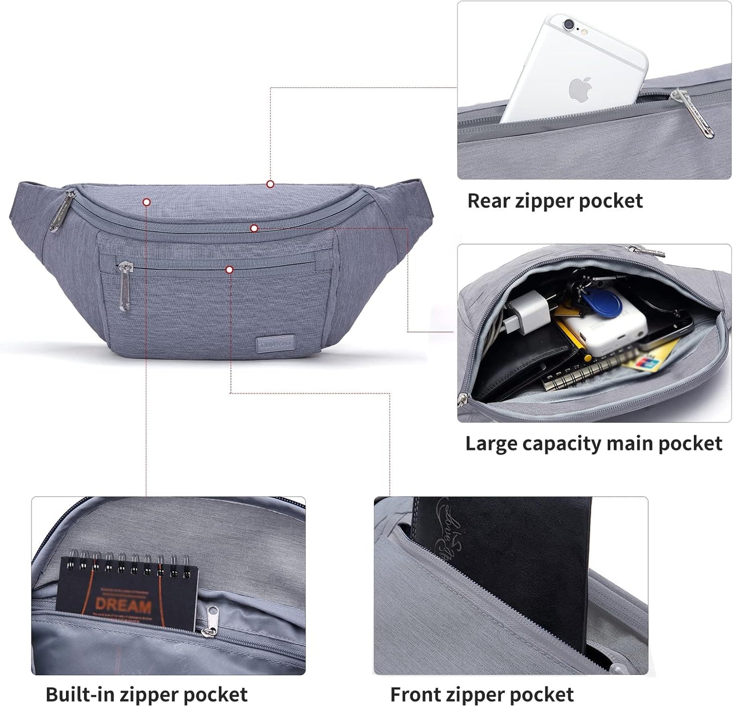 TINYAT Large Fanny Pack Travel Waist Bag Lightweight for Men&Women with Adjustable Strap T206 Blue