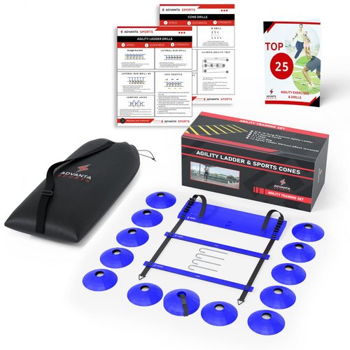 DELUXE EDITION Agility Ladder Training Set - 13 Rung 21ft Agility Ladder w/13 Disc Cones, Carry Bag - Improve Speed & Strength Soccer, Football, Basketball w/4 Steel Pegs with eGuide Chart