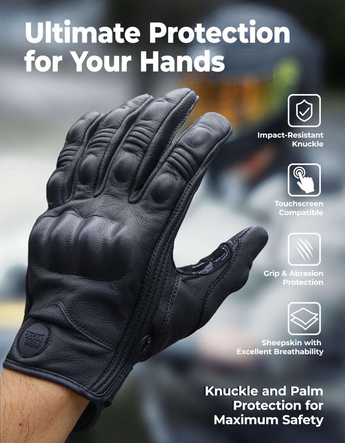 KEMIMOTO Motorcycle Leather Gloves, Sheepskin Protective Gloves for Men and Women, Touchscreen Compatible, Hard Knuckle, Gear for Motorcross Racing Cycling L