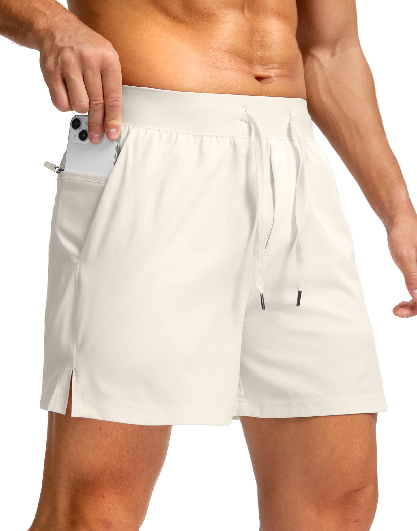 Soothfeel Men's Running Shorts with Zipper Pockets 5 Inch Lightweight Quick Dry Basketball Gym Workout Athletic Shorts for Men (Bone, M)