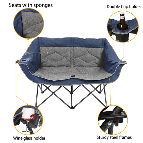 LANMOUNTAIN Folding Loveseat Camping Chair,Portable Double Chair w/Cup Holder,Wine Glass Holder,Carry Bag Heavy Duty Lawn Chair for 2 Adults,Perfect for Camp,Hiking,Picnics and Beach Trips,Blue