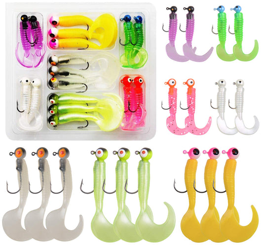 Soft Plastic Fishing Lure Jig Head Hook Kit,Grub Worm Lures Crappie Jigs Head Grub Tail Swimbait Tube Bait Jigs for Saltwater Freshwater, Trout Crappie Fishing 17pcs