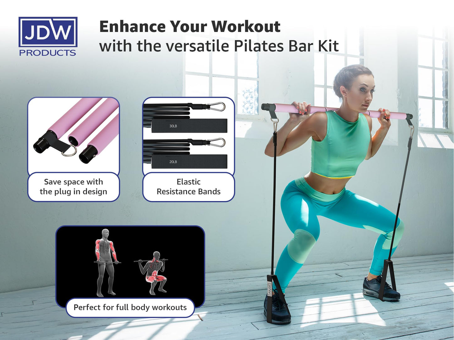 JDW Products Pilates Bar Kit | 2 Standard & 2 Strong Bands for Full-Body Workout | Storage Bag Included | Fitness Equipment for Home Gym, Yoga