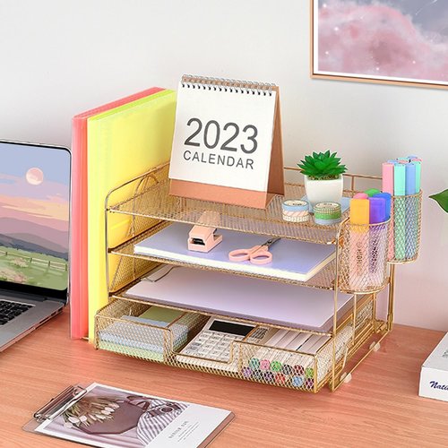 Desk Organizer and Accessories, 4-Tier Desktop File Organizer with Drawer and 2 Pen Holders, Office Desk Accessories for Office Supplies(Black)