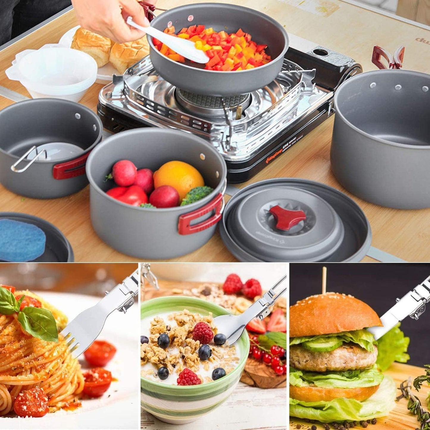 KingCamp 7/9/18Pcs Camping Cookware Mess Kit Camping Cooking Set Non-Stick Hard-Anodized Aluminum Camping Gear Camping Pots and Pans Set with Tableware for Outdoor Backpacking Hiking Picnic Backyard