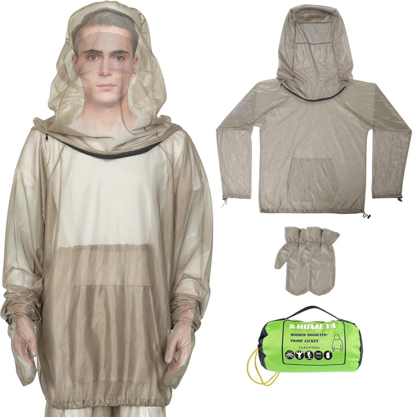 HOMEYA Bug Jacket L/XL, Anti Mosquito Netting Suit with Zipper on Hood Ultra-fine Mesh Pants Mitt Socks with Free Carry Pouch for Protecting Hunting Fishing Men Women