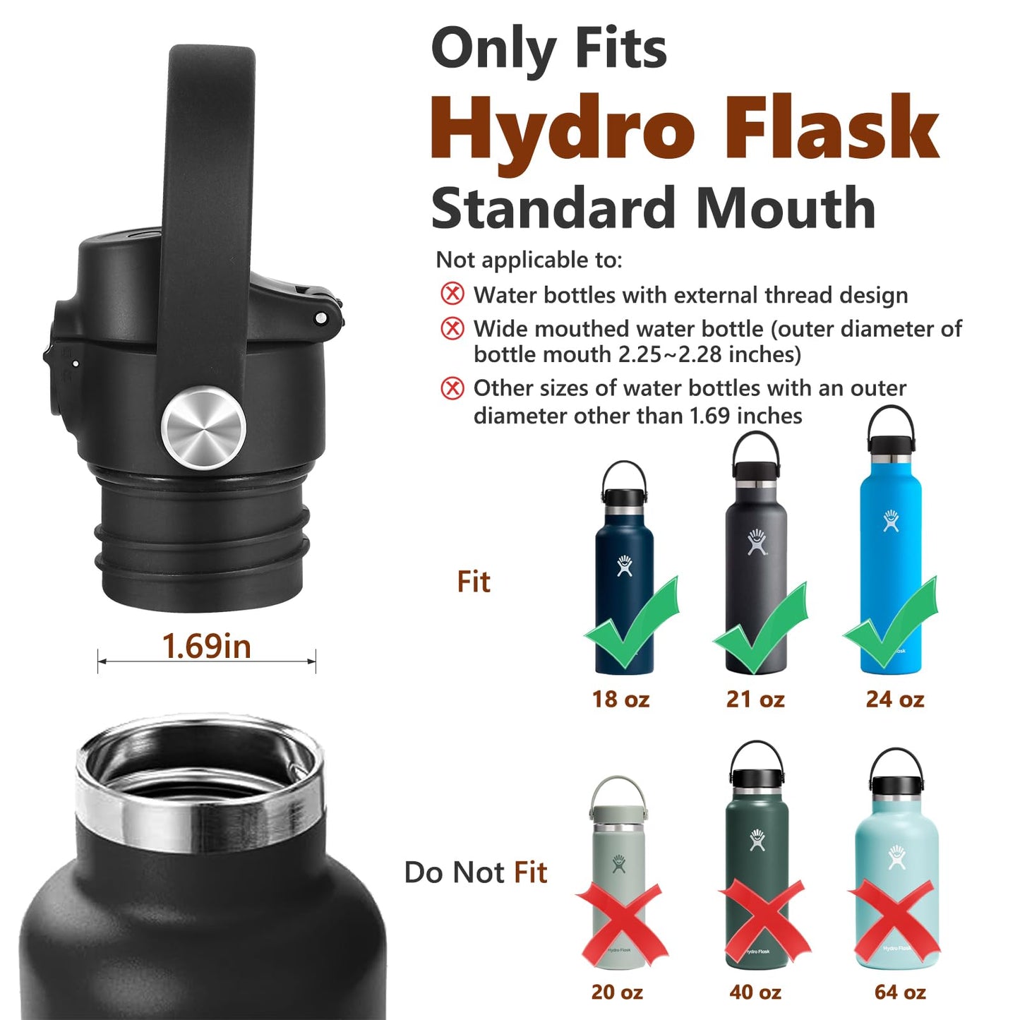 Auto Flip Lid for Hydro Flask Standard Mouth Bottle, Spout lid for HydroFlask Narrow Mouth Bottle, Replacement Lid with Button Lock, Black