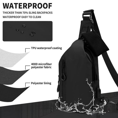 HOTEMIA Waterproof Sling Backpack for Men & Women, Small Crossbody Bag with USB Charging Port, Chest Bag, Fanny Pack for Hiking, Travel, and Outdoor Activities (B-Black)