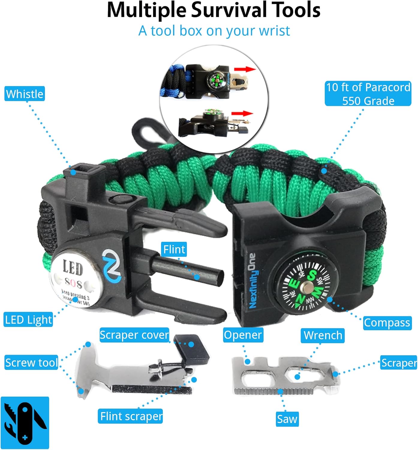 Survival Paracord Bracelet - Tactical Emergency Gear Kit with SOS LED Light, 550 Grade, Adjustable, Multitools, Fire Starter, Compass, and Whistle - Set of 2
