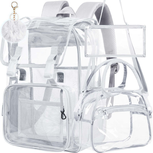 3PCS Clear Backpack, Heavy Duty Transparent Bookbag for Men Boys, Stadium Approved See Through Backpack Set (Grey)
