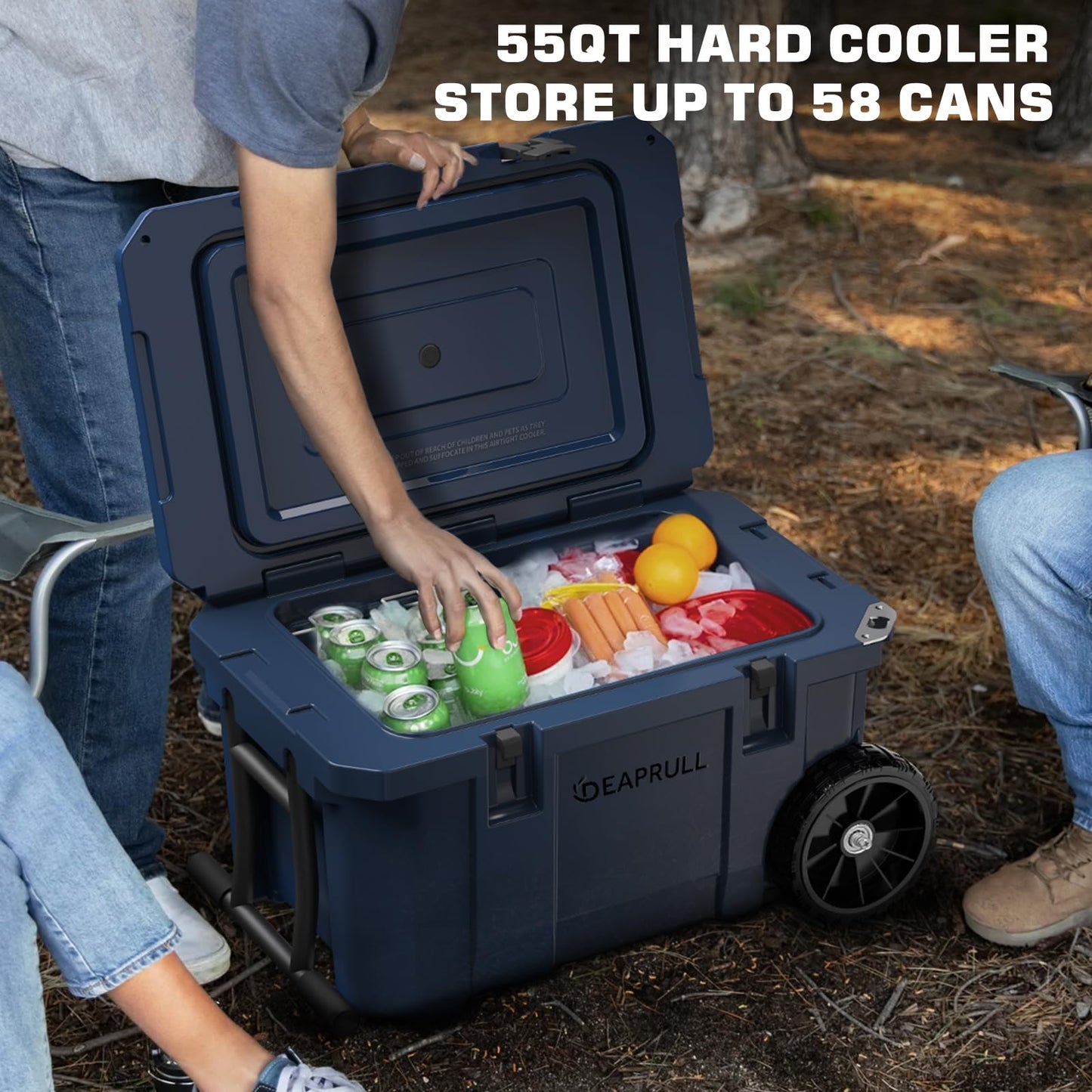 55 Quart Cooler with Wheels, Ice Chests Portable Camping Cooler Holds Ice up to 6 Days, Leak-Proof Outdoor Insulated Cooler with Handle, Cup Holders, Hard Cooler for Camping, Beach, Boat, Navy Blue
