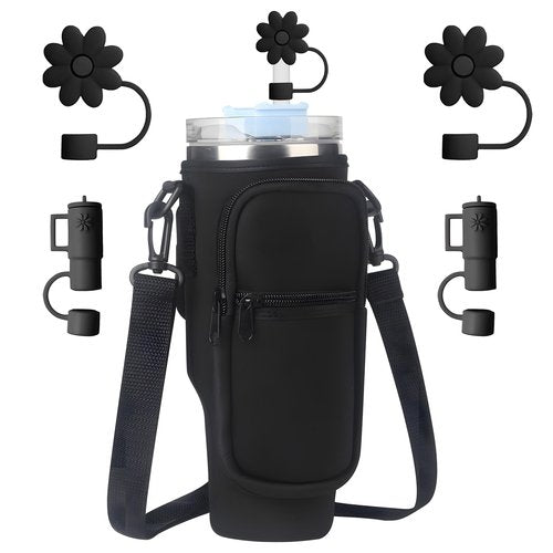 Black Stanley Cup Bag, Cup Holder for Stanley 40oz Tumbler with Handle, Stanley Carrier Bag with 4Pcs Black Straw Topper for Stanley Cup Accessories