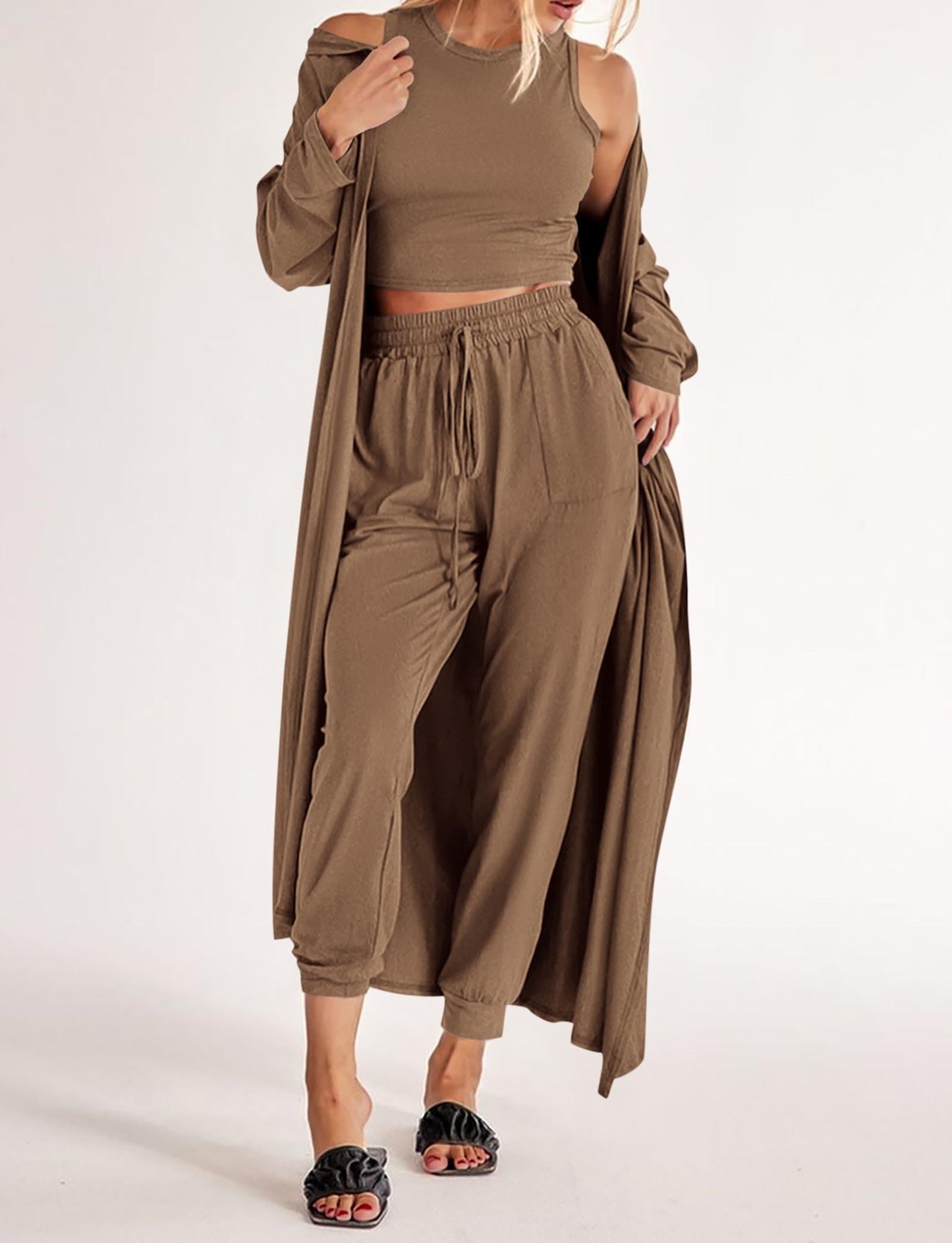 KIRUNDO 3 Piece Lounge Sets for Women Airport Travel Vacation Outfits 2026 Fall Cardigan Matching Sleeveless Top Jogger Pants(Khaki, Medium)