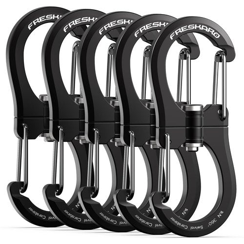 FresKaro 1kN Swivel Carabiner Clip, Heavy Duty Double-Ended Wire gate Carbineers, Small Non Locking Carabiners for Keys, Keychain, Hiking, Camping, Golf Bag, Water Bottle, Backpacking, Black, 5pcs