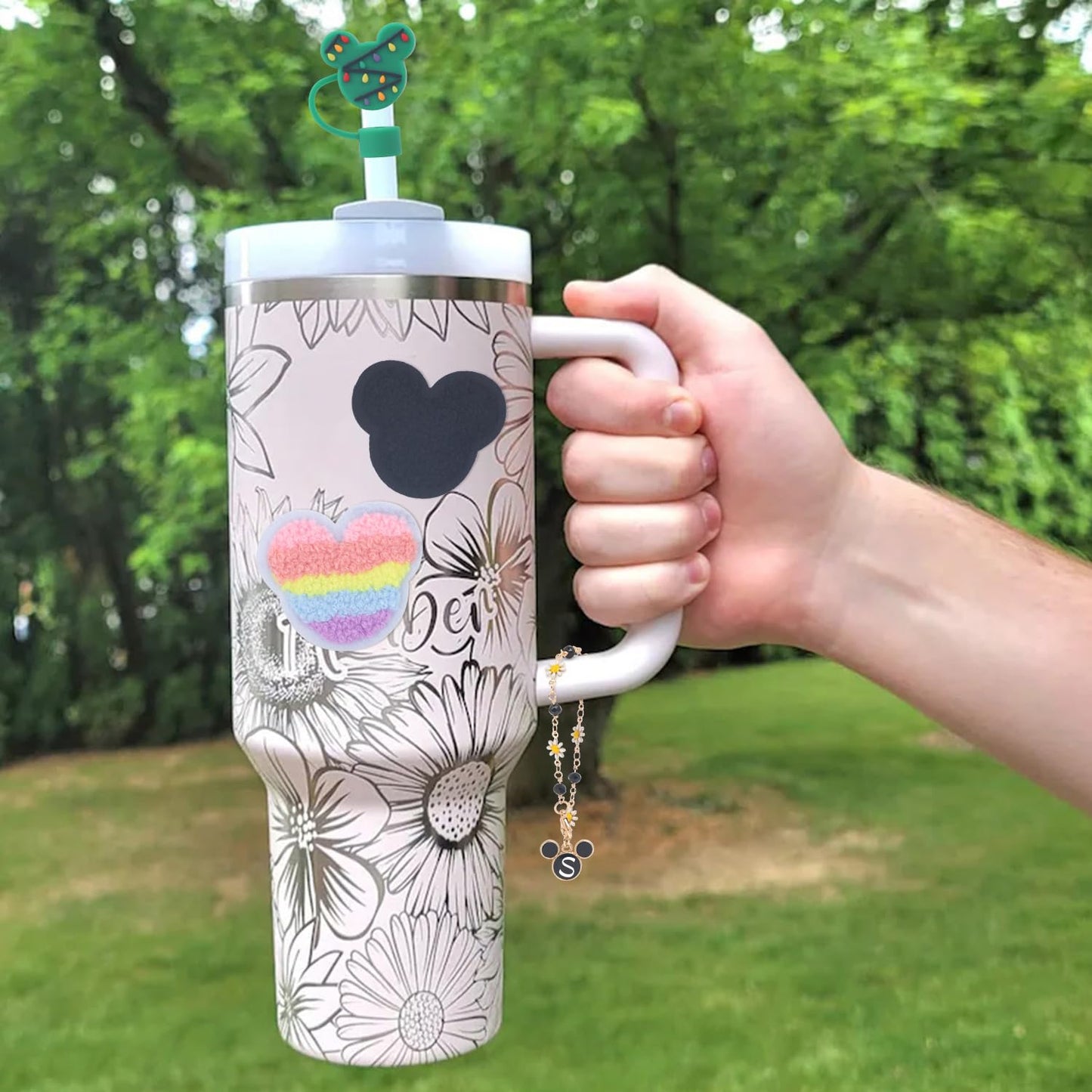 7 PCS Use for Stanley Cup Accessories Charms,Compatible with Stanley Cup Letter Charms for Handle,Silicone Straw Cover Topper & Sticker(S)