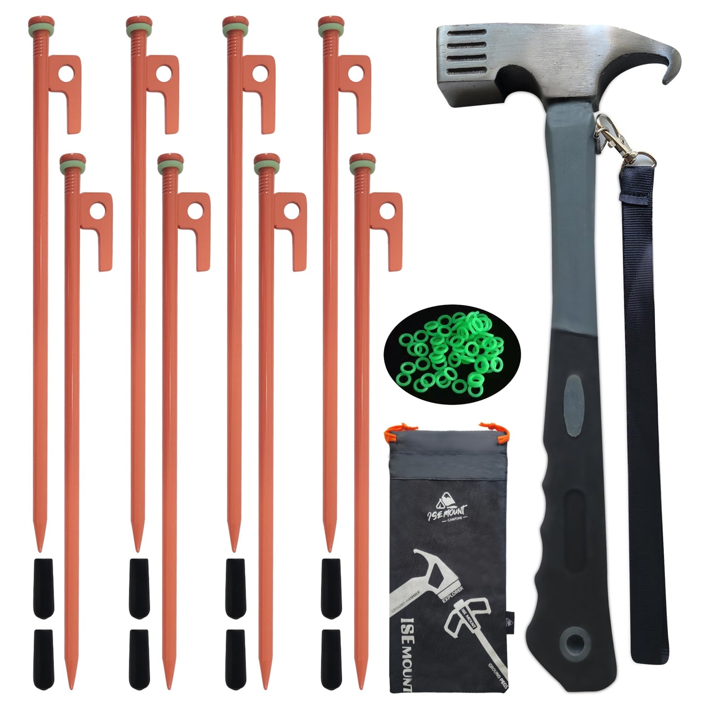 8 PCS Tent Stakes & Hammer Kit， Heavy Duty Metal Tent Pegs for Camping Steel Tent Stakes(Orange)