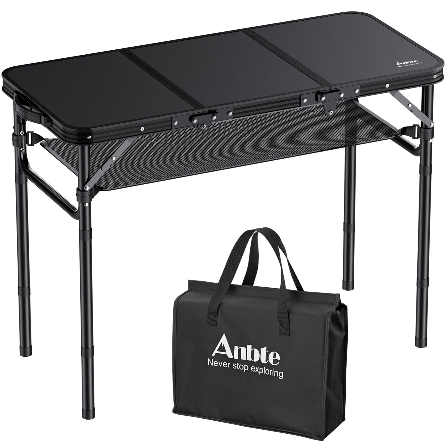 Anbte Folding Camping Table with Storage Net, 3ft Camping Table Aluminum Folding Table with 3 Adjustable Height Max 27.5 Inch Picnic Table Portable Table for Outdoor Backyard BBQ, Pure Black