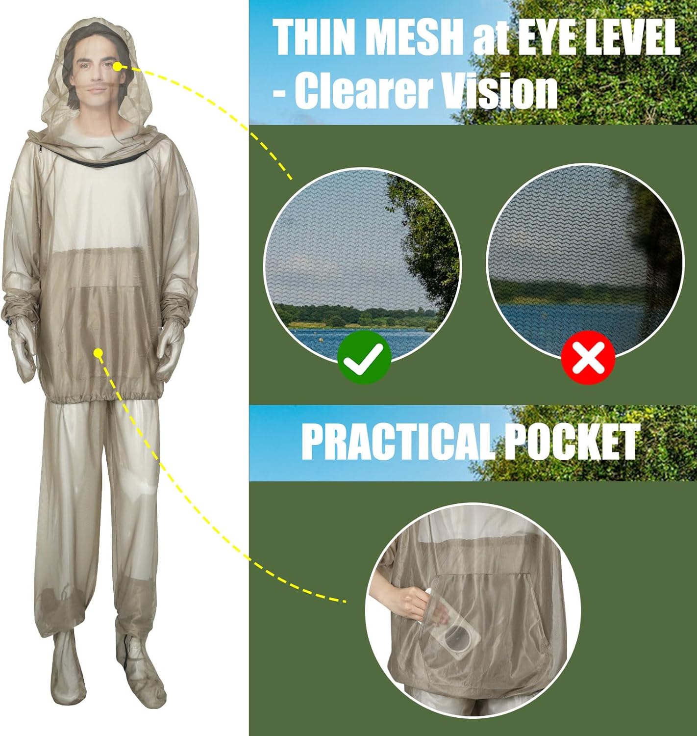 HOMEYA Bug Jacket L/XL, Anti Mosquito Netting Suit with Zipper on Hood Ultra-fine Mesh Pants Mitt Socks with Free Carry Pouch for Protecting Hunting Fishing Men Women
