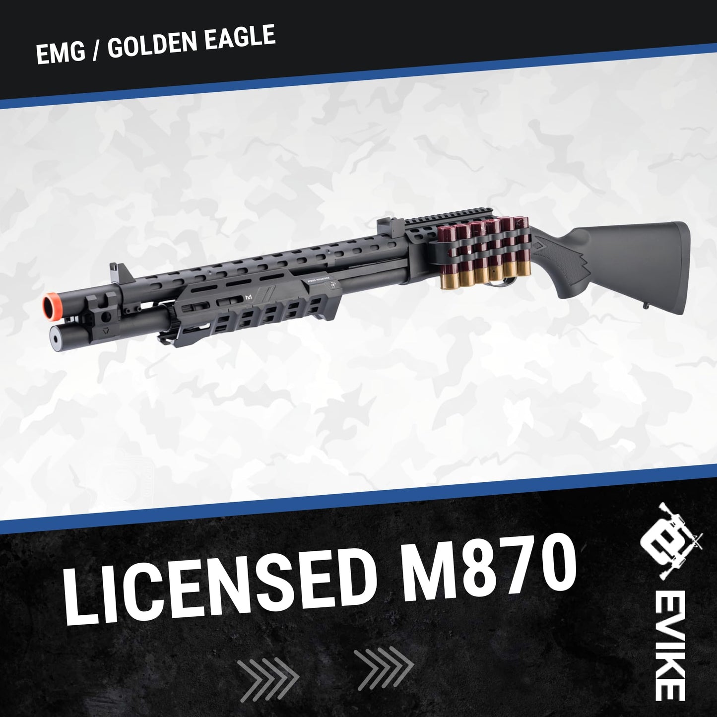 Evike Airsoft - EMG Strike Industries Licensed M870 Gas Powered Pump Action Airsoft Shotgun w/MLOK H-Guard by Golden Eagle (Color: Black)