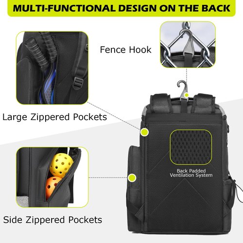 HAMBOLY Pickleball Bag for Men & Women, Large Pickleball Backpack with Shoes Compartment and Cooler, Fence Hook Design
