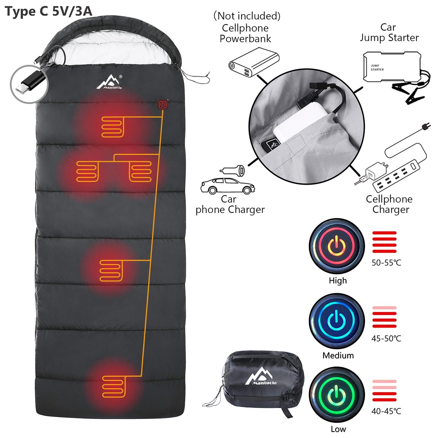 MANTUOLE Rectangular Heated Sleeping Bag, Envelope Style 5 Heated Zones, Operated with Battery or Other Power Supplies with 5V/3A Type-C Output, Battery NOT Included. Envelope-Black-Type-C.