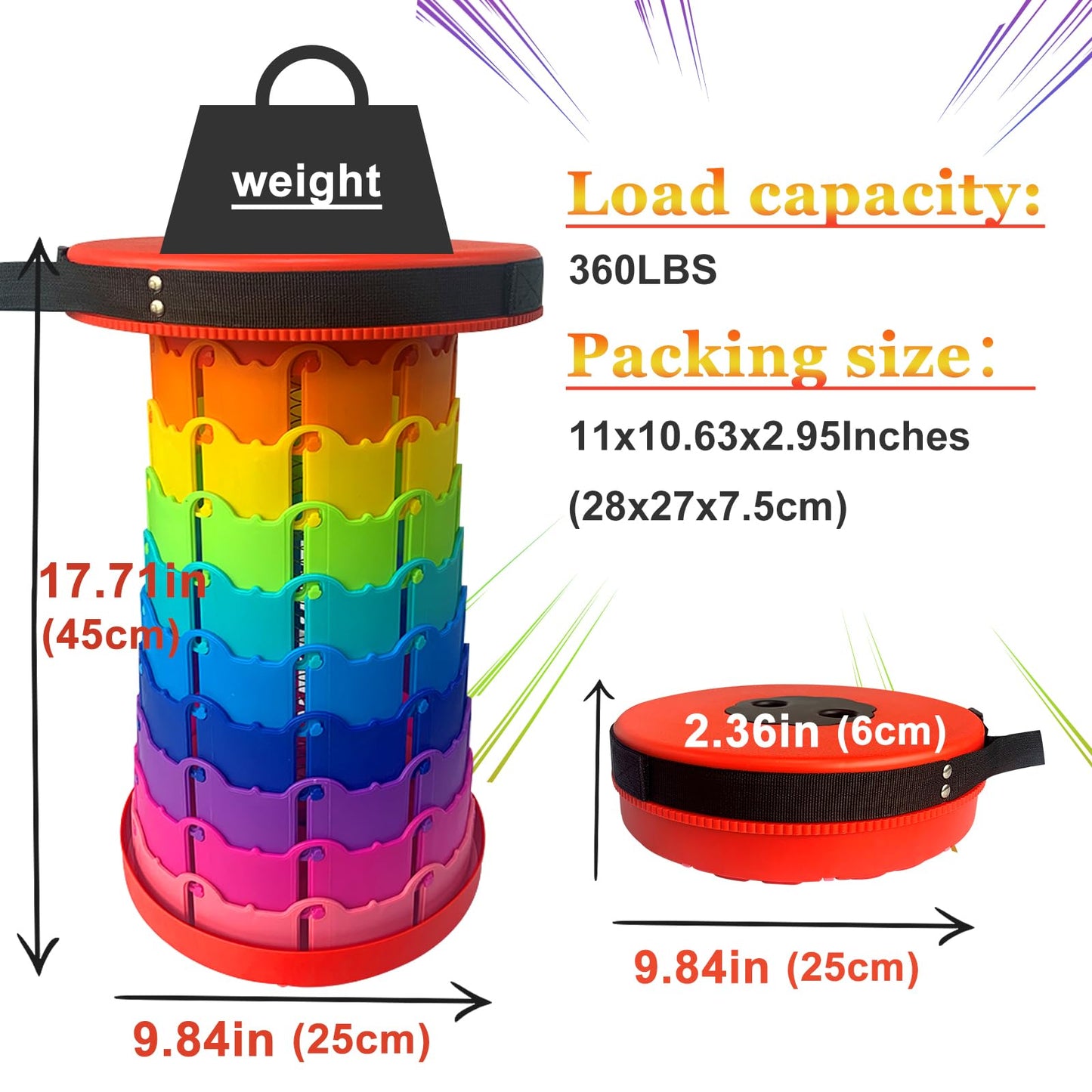 Jakuva Rainbow Travel Camping Stool, Retractable Portable Folding Stool,Collapsible Telescoping Stool with Max Load 360lbs for Adults for Indoor Outdoor Hiking Gardening