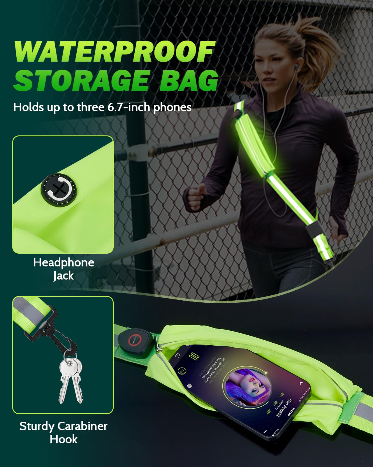 Fitense LED Reflective Belt Sash with Phone Holder with Rechargeable LED Armband 2-Pack, High Visibility Reflective Running Gear for Night Safety, 5 Colors & 3 Modes Light Up Armbands for Night Walkin