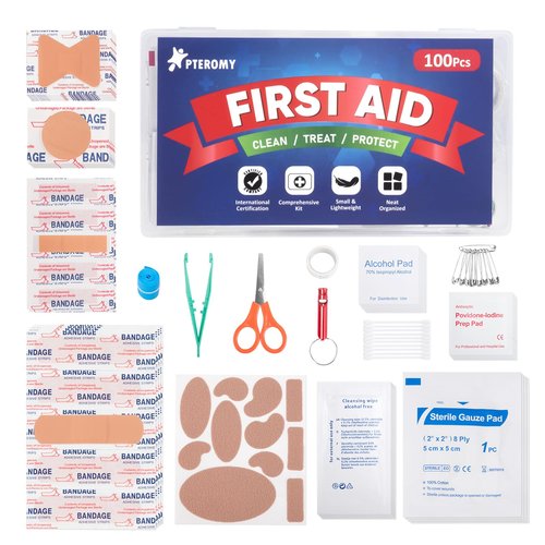 PTEROMY 100 Piece Mini First Aid Kit, Portable Small Emergency Kits Compact 1st Aid Kit for Car, Travel, Home, Camping, Outdoor, Hiking