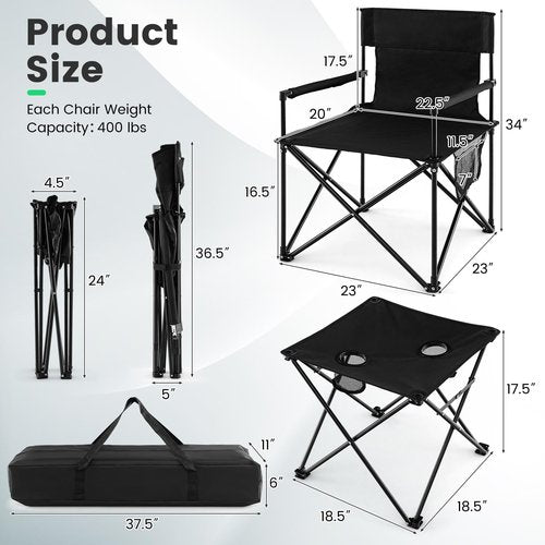 Giantex Camping Chair and Table Set - 3 Pack Folding Beach Chair with Side Table, 2 Cup Holders, Storage Pockets, Carrying Bag, 400 lbs Capacity Hammock Camping Chair for Fishing, Hiking, Picnic, BBQ