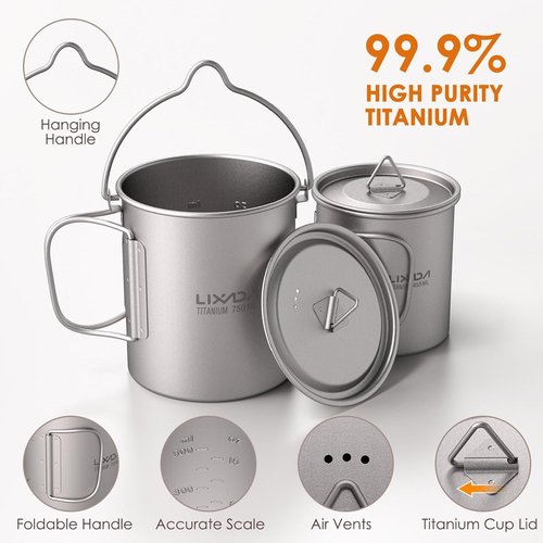 Lixada Titanium Camping Cookware with Folding Spork, 750ml Camping Titanium Pot & 450ml Coffee Mug with Foldable Handle & Lid, Portable Outdoor Camping Cookware Set for Backpacking Hiking Cooking