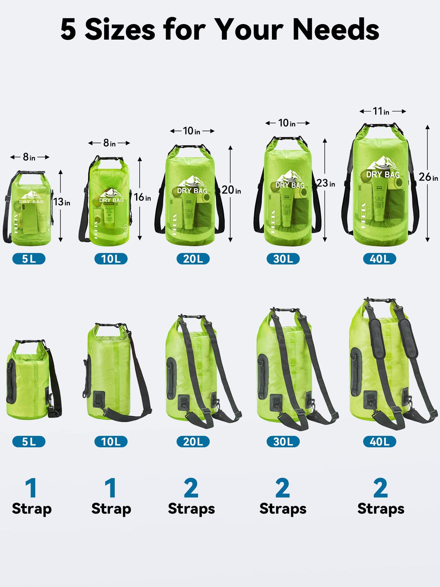 HEETA Dry Bag Waterproof for Women Men, Roll Top Lightweight Dry Storage Bag Backpack with Phone Case for Travel Swimming Boating Kayaking Paddle Board Camping Beach Accessories (Lemon Green, 5L)
