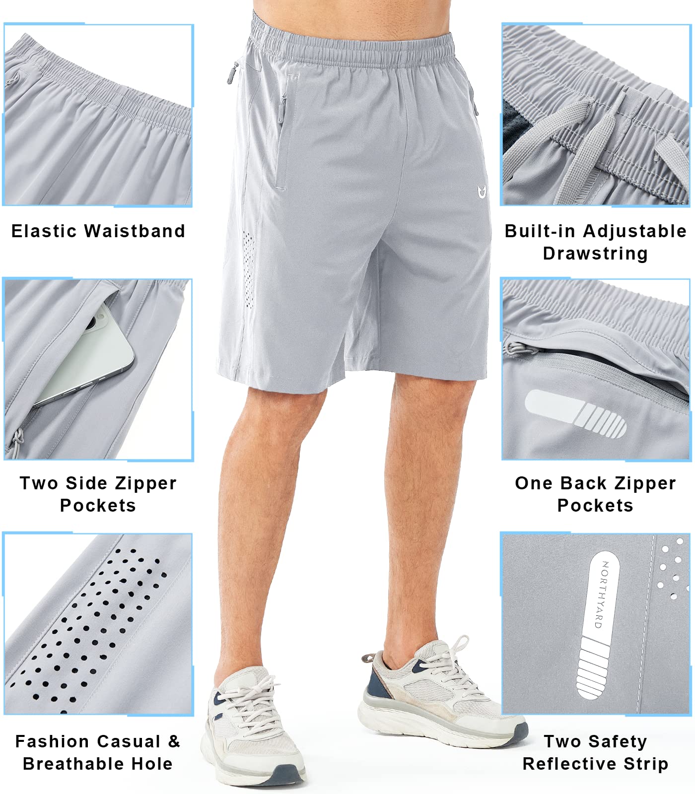 NORTHYARD Men's Athletic Running Shorts Gym Workout 7"/9"/5" Quick Dry Lightweight Sports Basketball Tennis 3 Zipper Pockets GREY-9inch 2XL