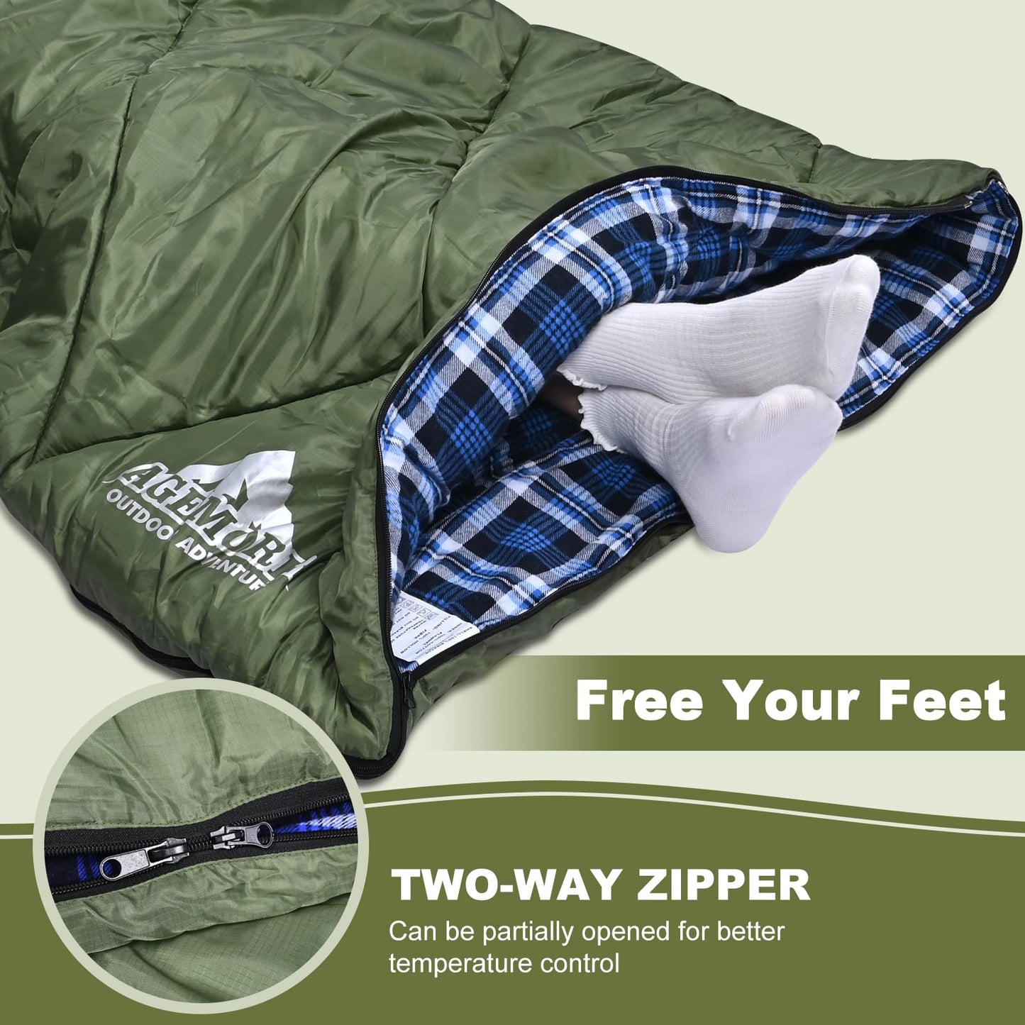 AGEMORE Cotton Flannel Sleeping Bag with Fleece Lined Hood, Waterproof XL Sleeping Bag for Adults, for Cold Weather Camping Backpacking or Hiking, 3-4season with Compression Sack