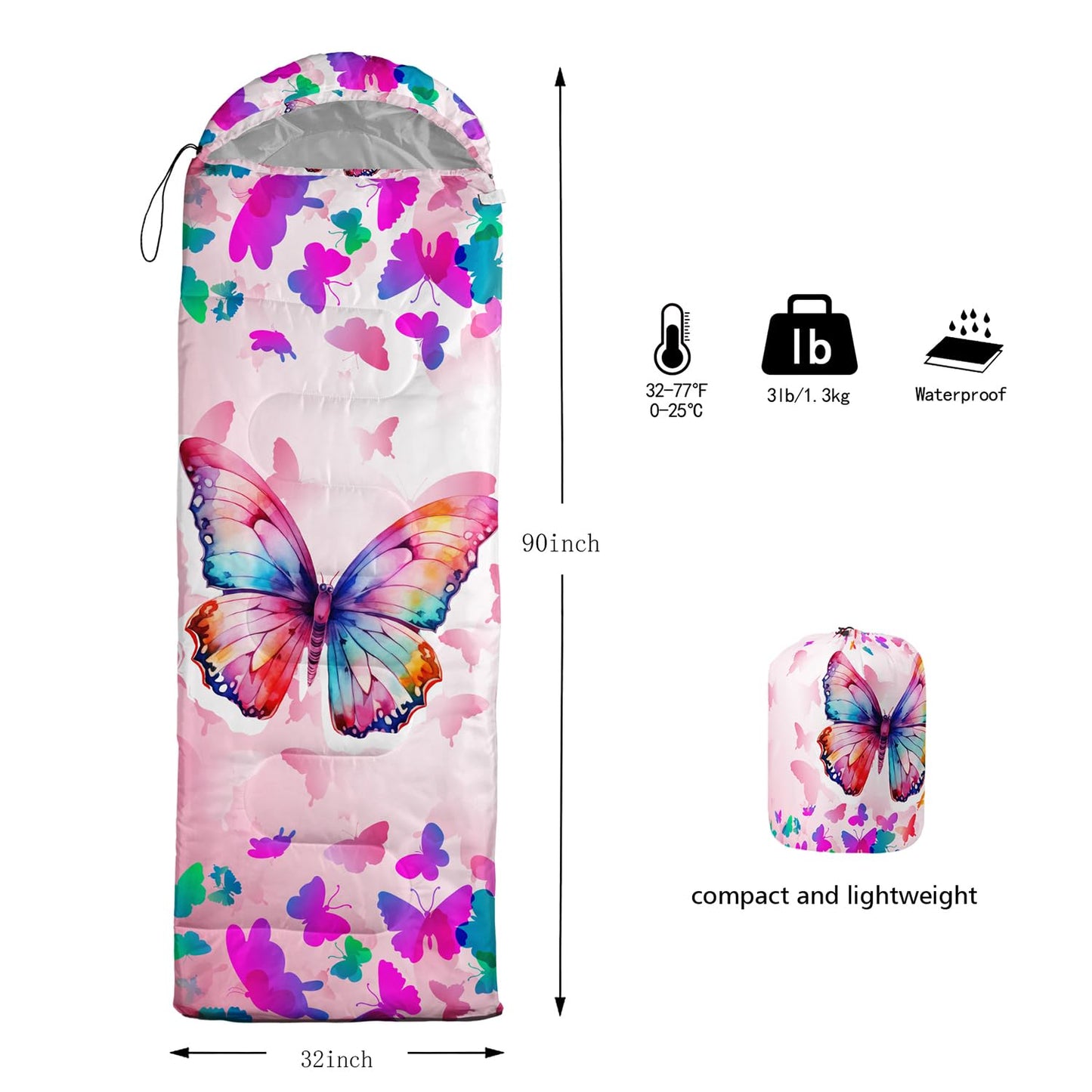 HOSIMA Pink Butterfly Sleeping Bags for Girls,Animal Theme Camping Sleeping Bag for Kids Boys Girls,Waterproof Ultralight Sleeping Bags & Camp Bedding Suitable for All Seasons.