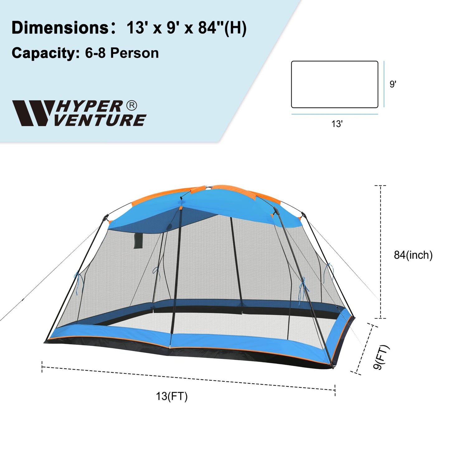 Hyper Venture Screen House 13x9 FT 4 Mesh Walls Canopy Tent Camping Gazebo Shelter for 6-8 People Outdoor Party Activities, Blue