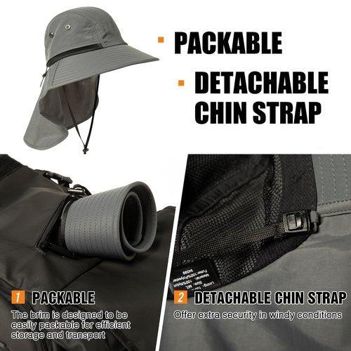 Summer Sun Hats Shade Men Big Head Wide Brim Neck Flap Safari Waterproof Beach UPF50+ Fishing Hiking Dark Grey X-Large XX-Large XL XXL