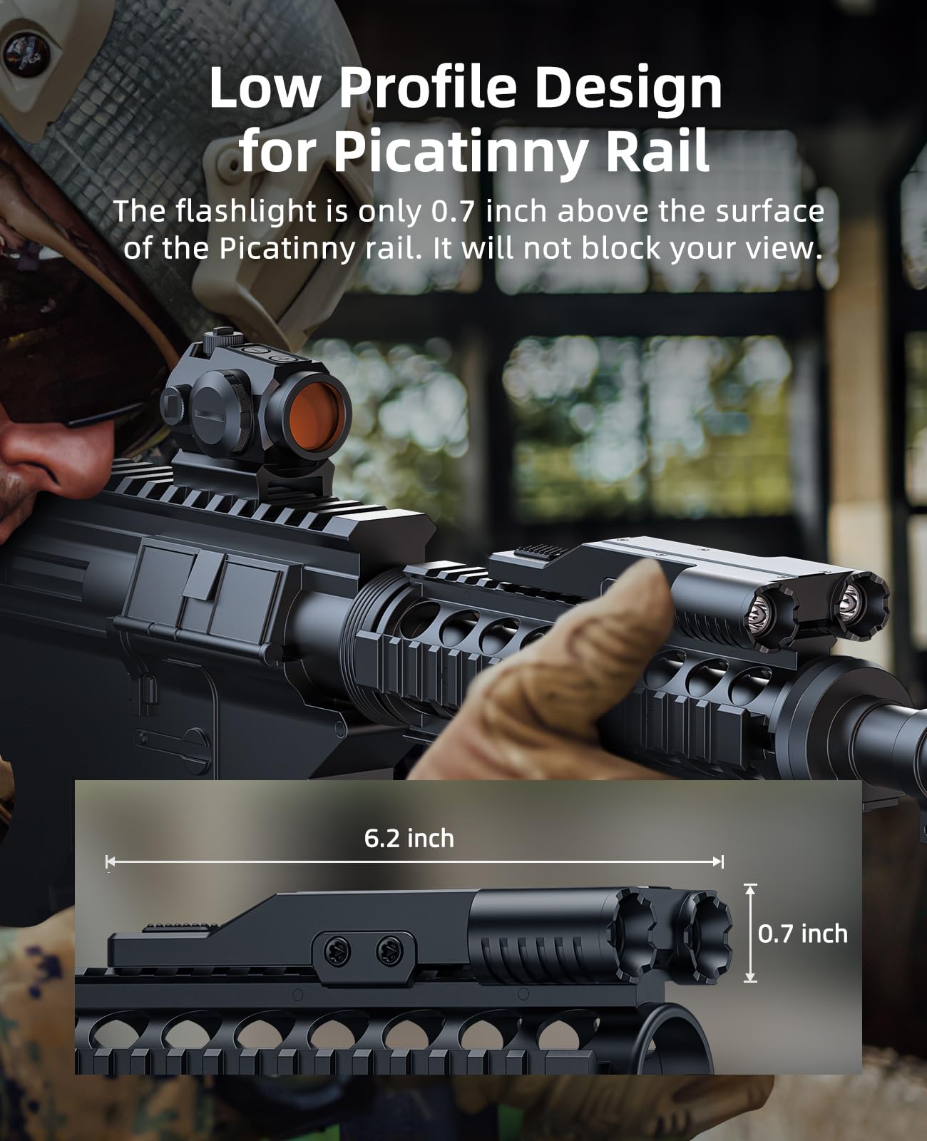 EZshoot 2000 Lumen Dual LED Rifle Light with USB Rechargeable, Rifle Flashlight Compatible with Picatinny Rail, Rechargeable Tactical Flashlight for Rifle with Strobe Mode