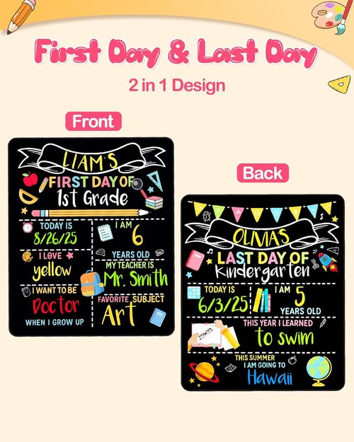 Double-Sided First Day & Last Day of School Sign with Markers Included - 12×10 Inch Reusable Back to School Chalkboard for Kids, Preschool, Kindergarten - Durable & Easy to Clean