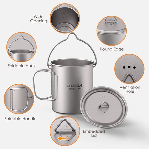 HUIOP Titanium Cup, Ultralight 750ml Titanium Pot Portable Titanium Water Mug Cup with Lid and Foldable Handle Outdoor Camping Cooking Picnic